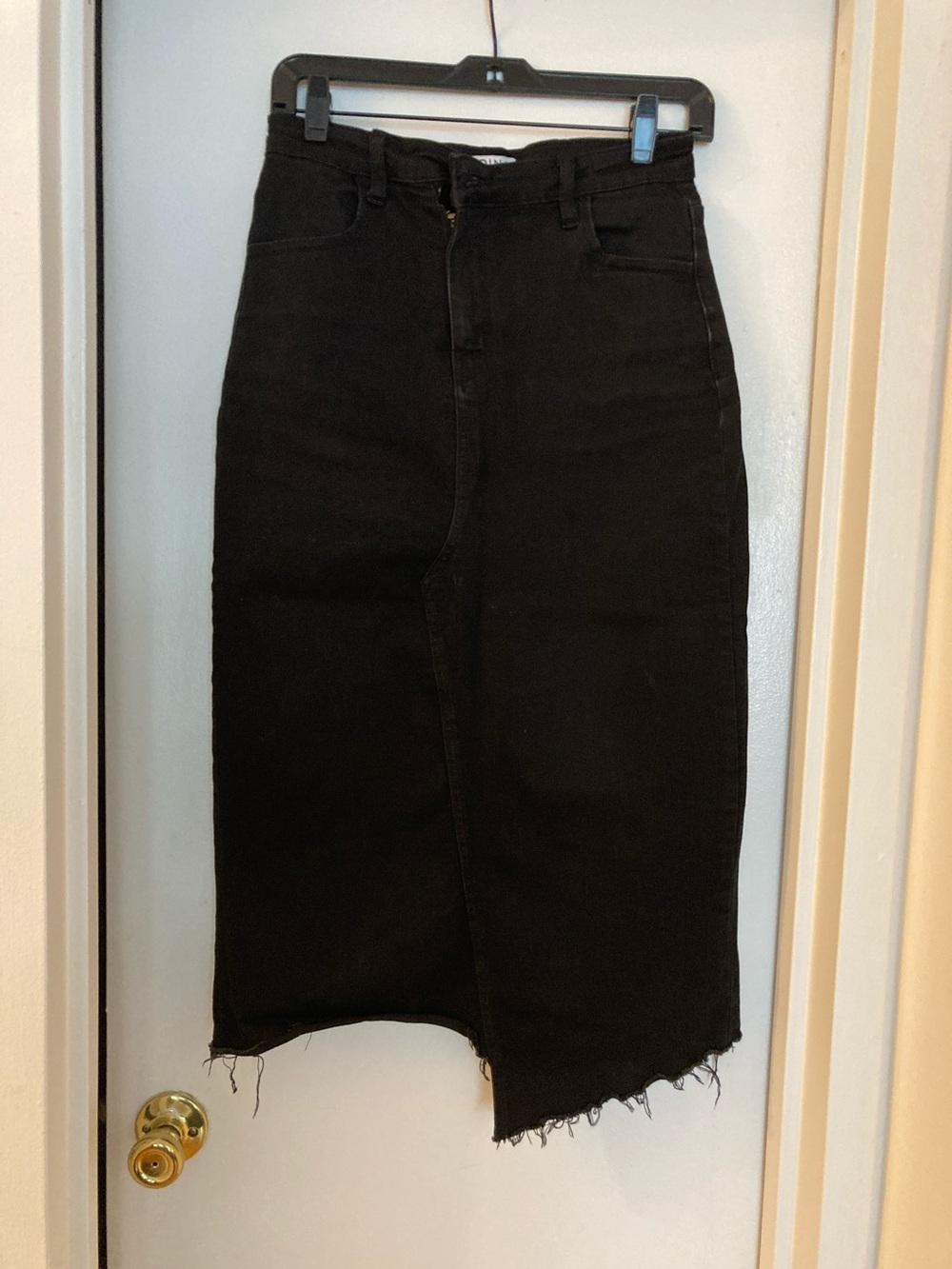 Black High-Rise Raw Hem Midi Denim Skirt